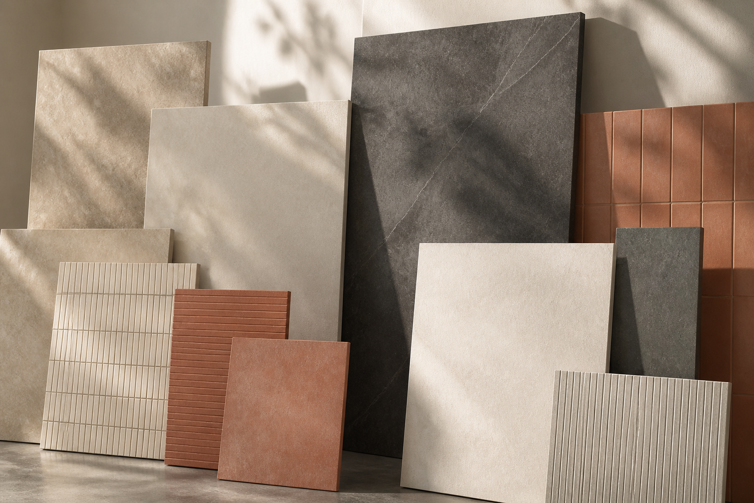 Porcelain slabs and ceramic surface samples in neutral tones
