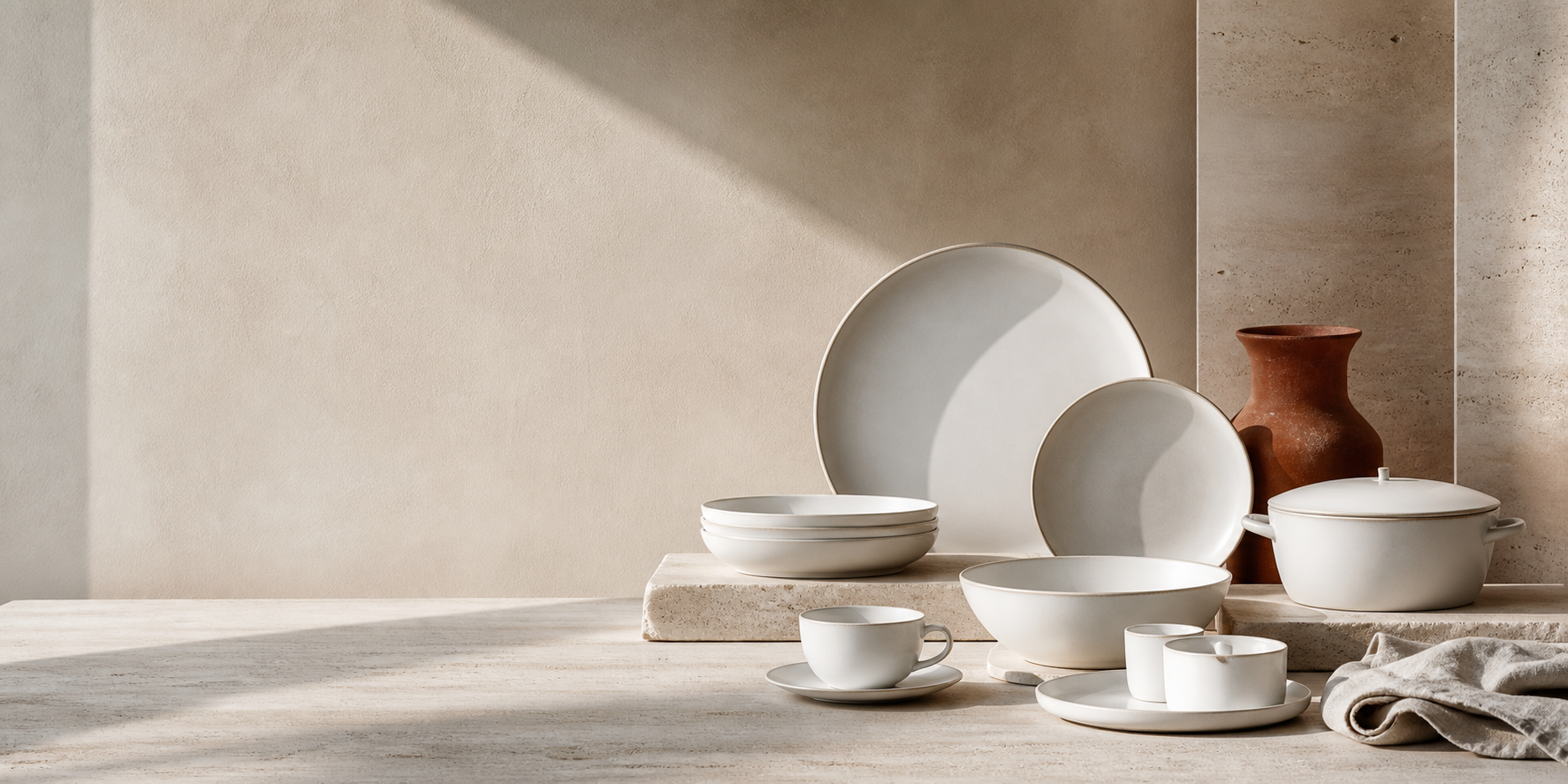 Curated ivory ceramic tableware displayed in a warm stone showroom