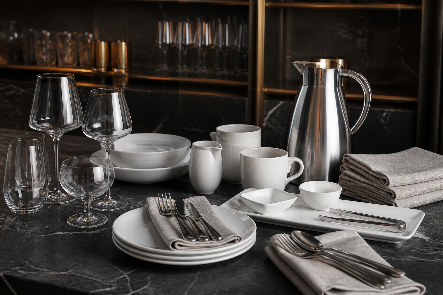 Hospitality glassware, porcelain, flatware and service equipment